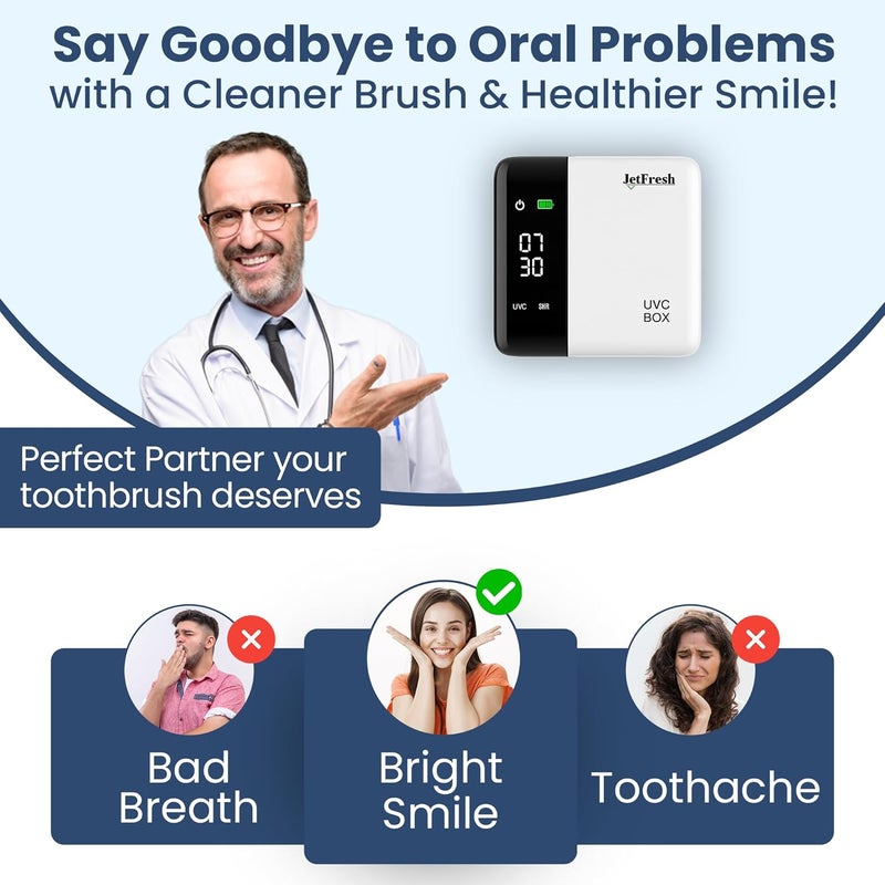 JetFresh UV Toothbrush Sanitizer Holder & Cleaner with LED Clock Display & Hot Air Drying – Wall-Mounted UV Tooth Brush Holder for Bathroom Decor, Travel Use, Rechargeable Portable Design, Fits All Brushes - Image 4